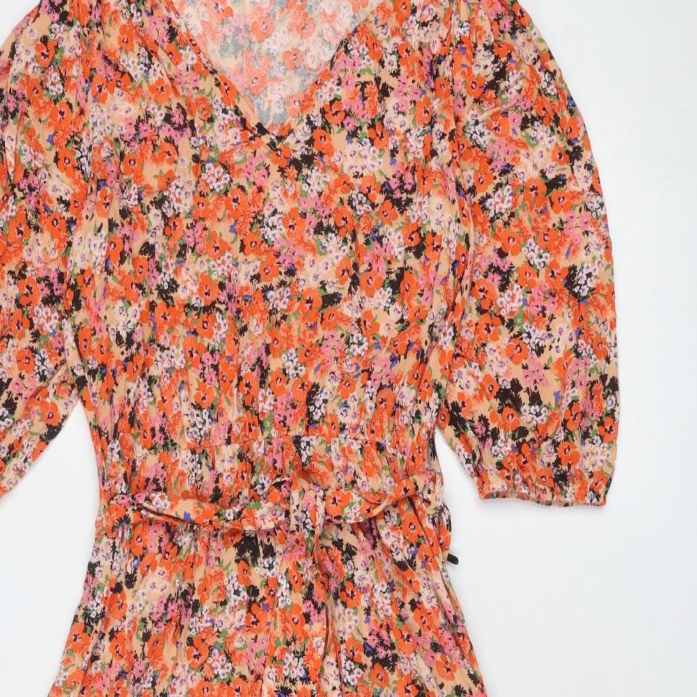 Marks and Spencer Womens Orange Floral Viscose Trapeze & Swing Size 8 V-Neck Pullover