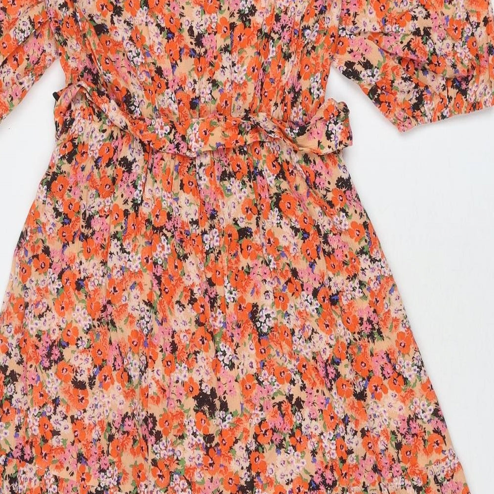 Marks and Spencer Womens Orange Floral Viscose Trapeze & Swing Size 8 V-Neck Pullover
