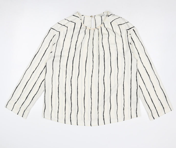 Marks and Spencer Womens Ivory Striped Polyester Basic Blouse Size 10 Round Neck