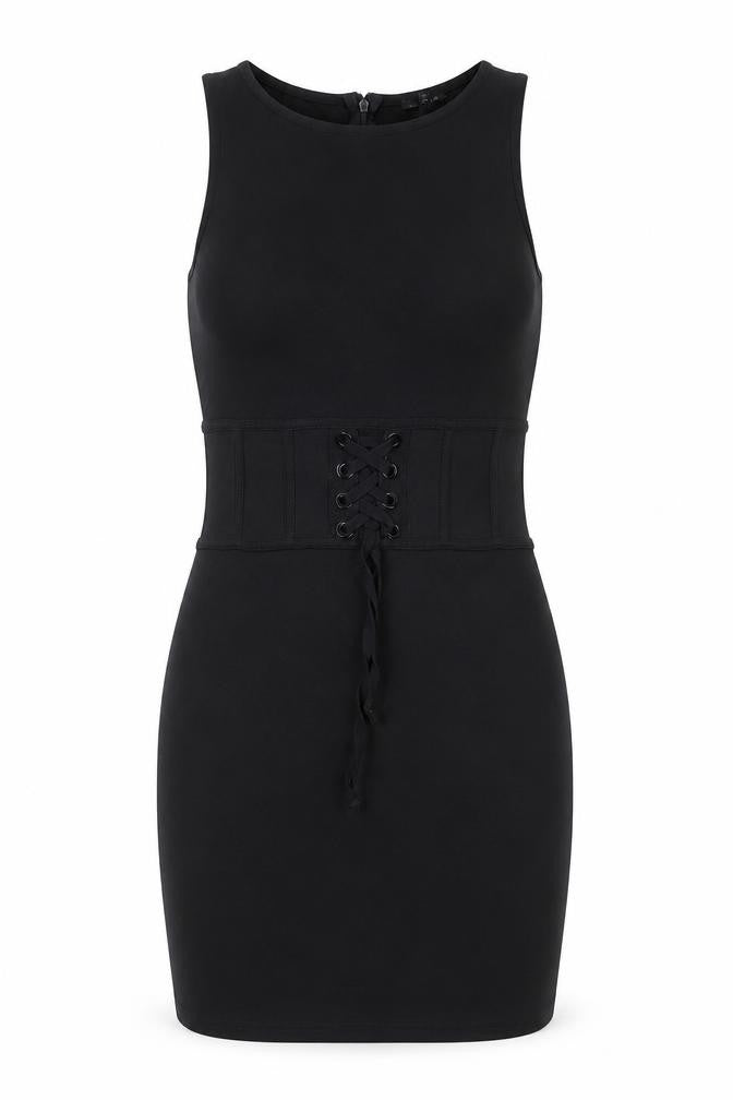 Front view of River Island women’s black polyester shift, size UK 6, round neck zip