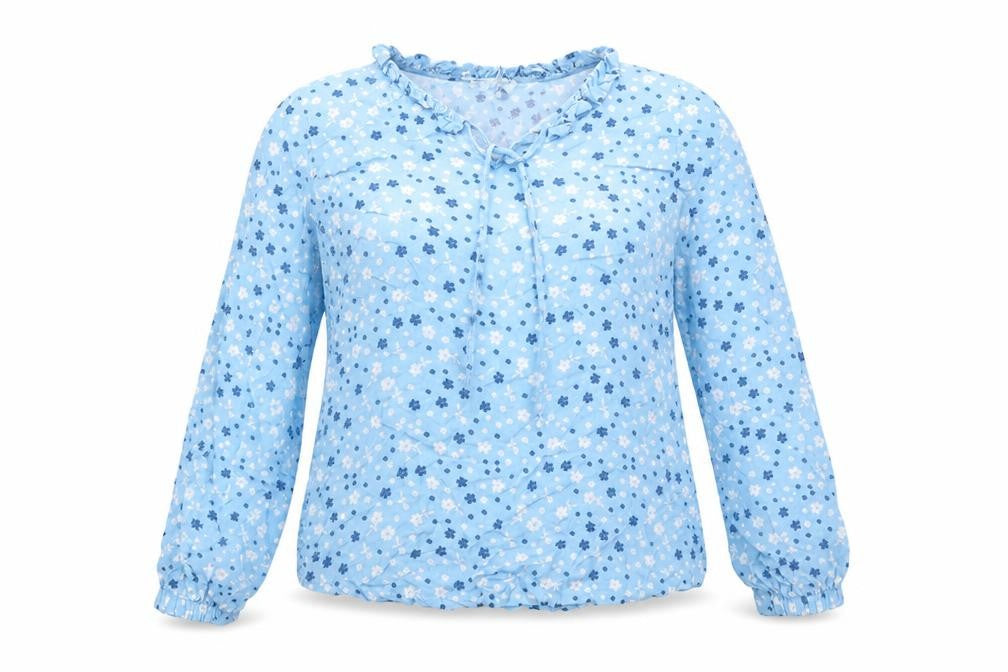 Front view of Hartwell women’s blue floral viscose basic blouse, size UK 12, v-neck