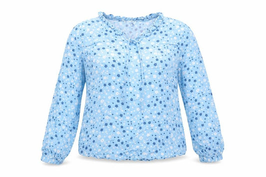 Front view of Hartwell women’s blue floral viscose basic blouse, size UK 12, v-neck
