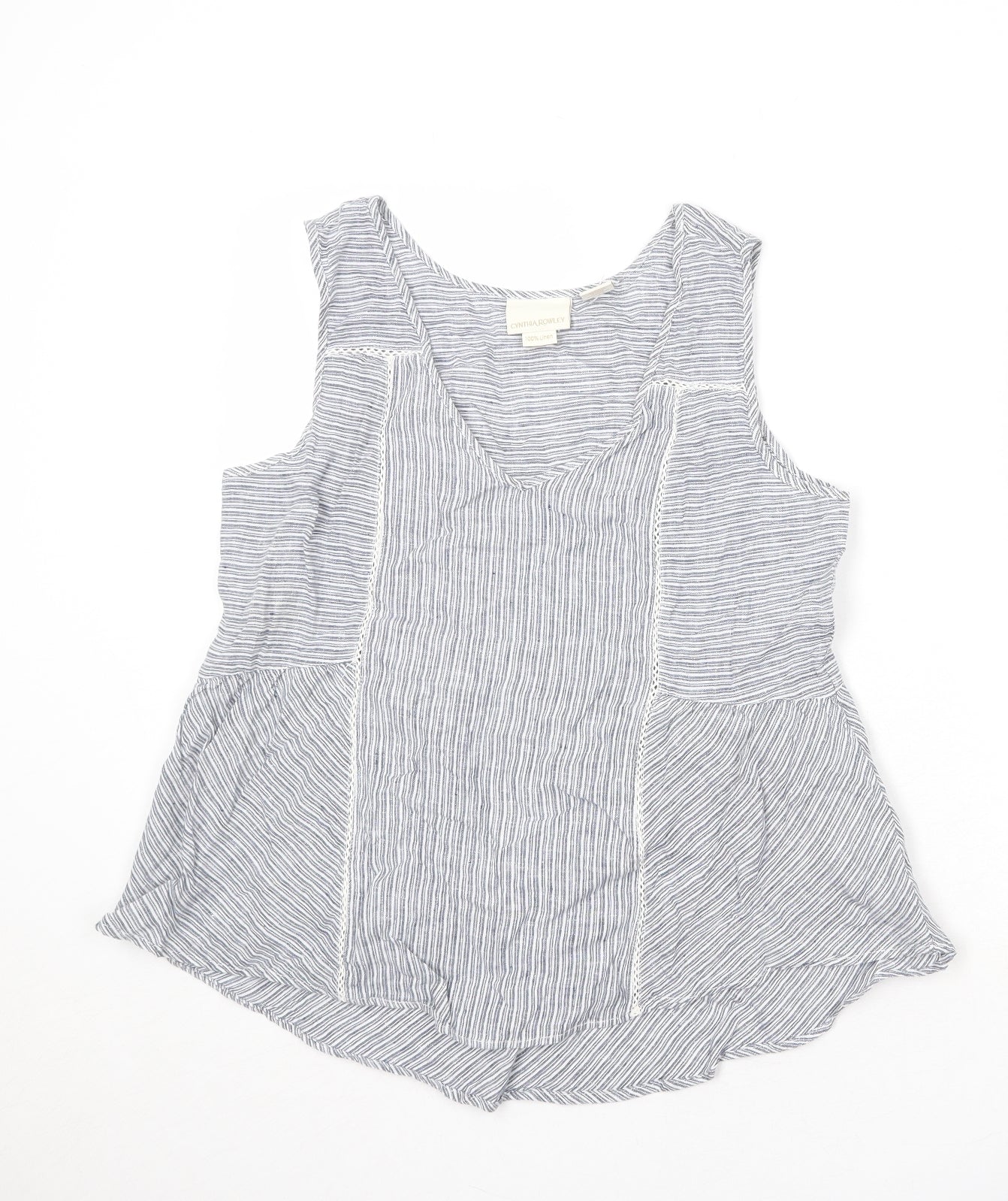 Cynthia Rowley Womens Blue Striped Linen Basic Tank Size M V-Neck