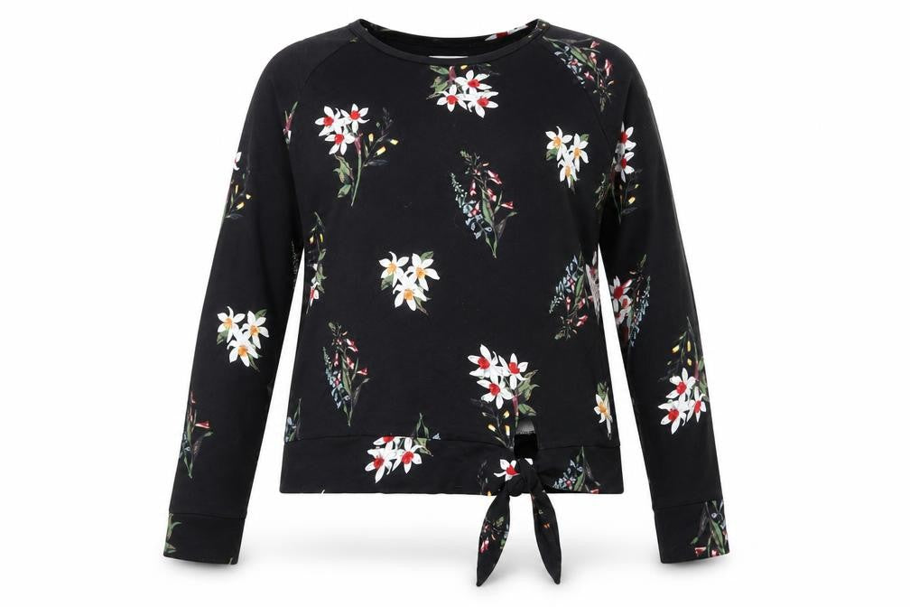 Per Una Womens Black Floral Viscose Basic Blouse Size 12 Boat Neck - Tie Front Detail