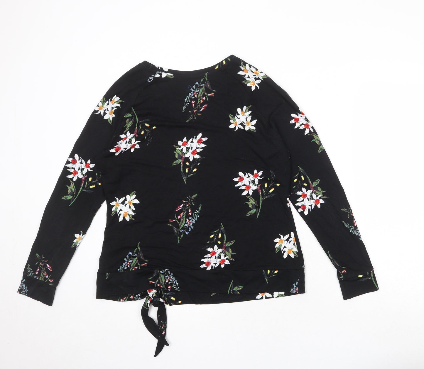 Per Una Womens Black Floral Viscose Basic Blouse Size 12 Boat Neck - Tie Front Detail