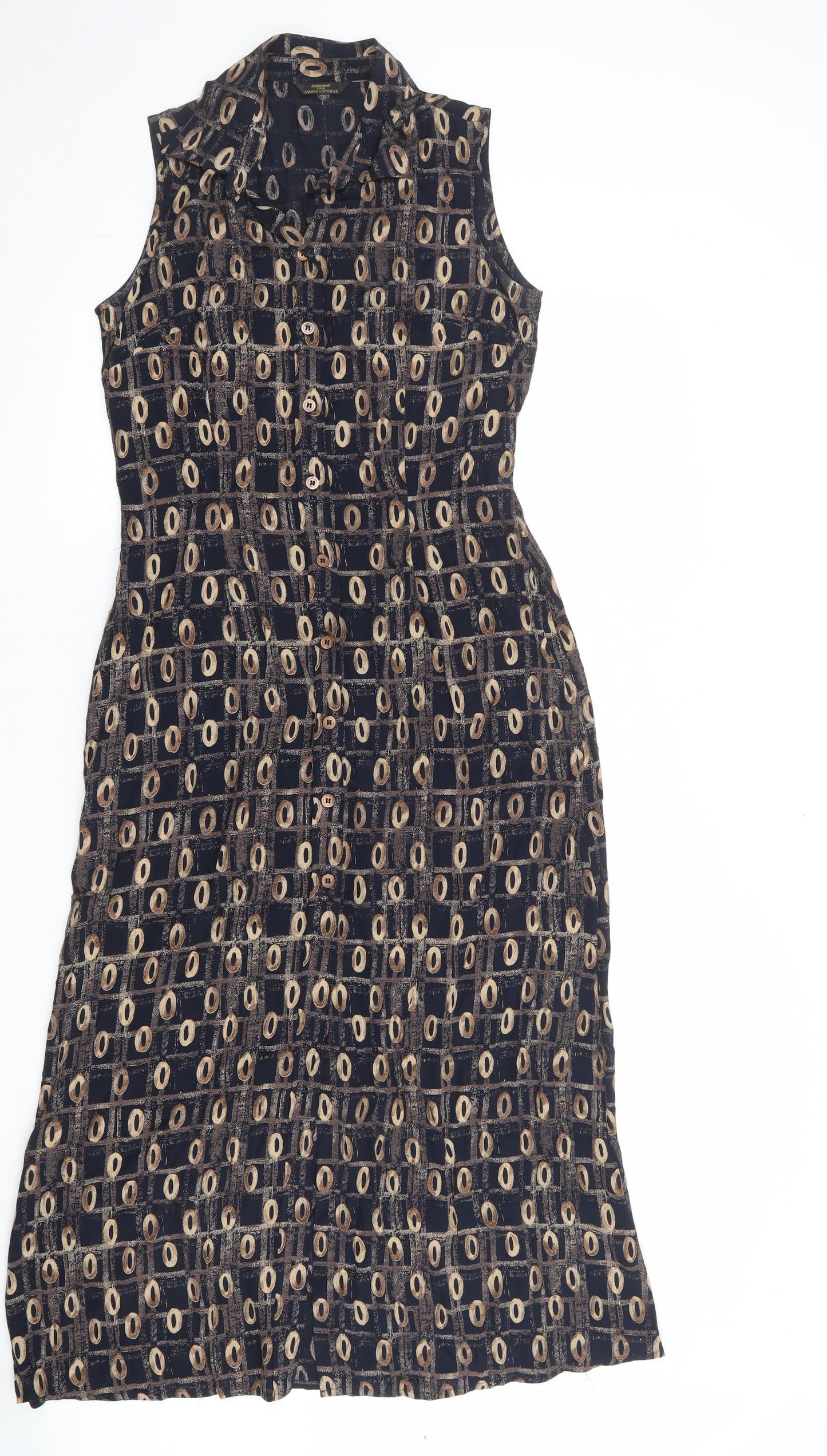 St Michael Womens Black Geometric Viscose Tank Dress Size 10 Collared Button