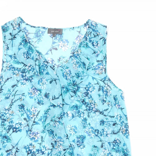 Per Una Womens Blue Floral Polyester Basic Blouse Size 14 V-Neck