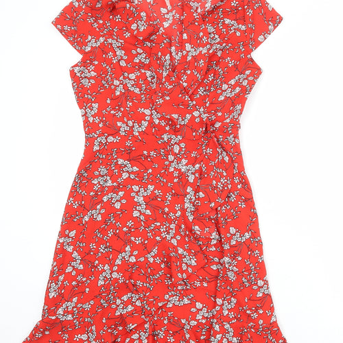 Stella Morgan Womens Red Floral Polyester A-Line Size 8 V-Neck Zip