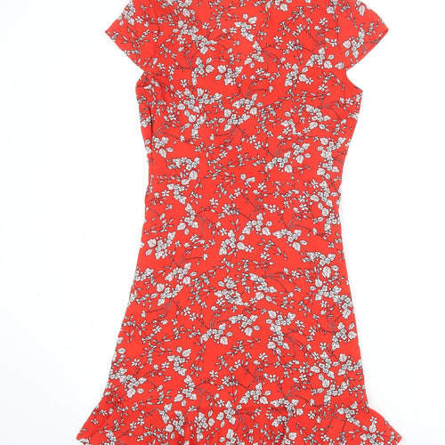 Stella Morgan Womens Red Floral Polyester A-Line Size 8 V-Neck Zip