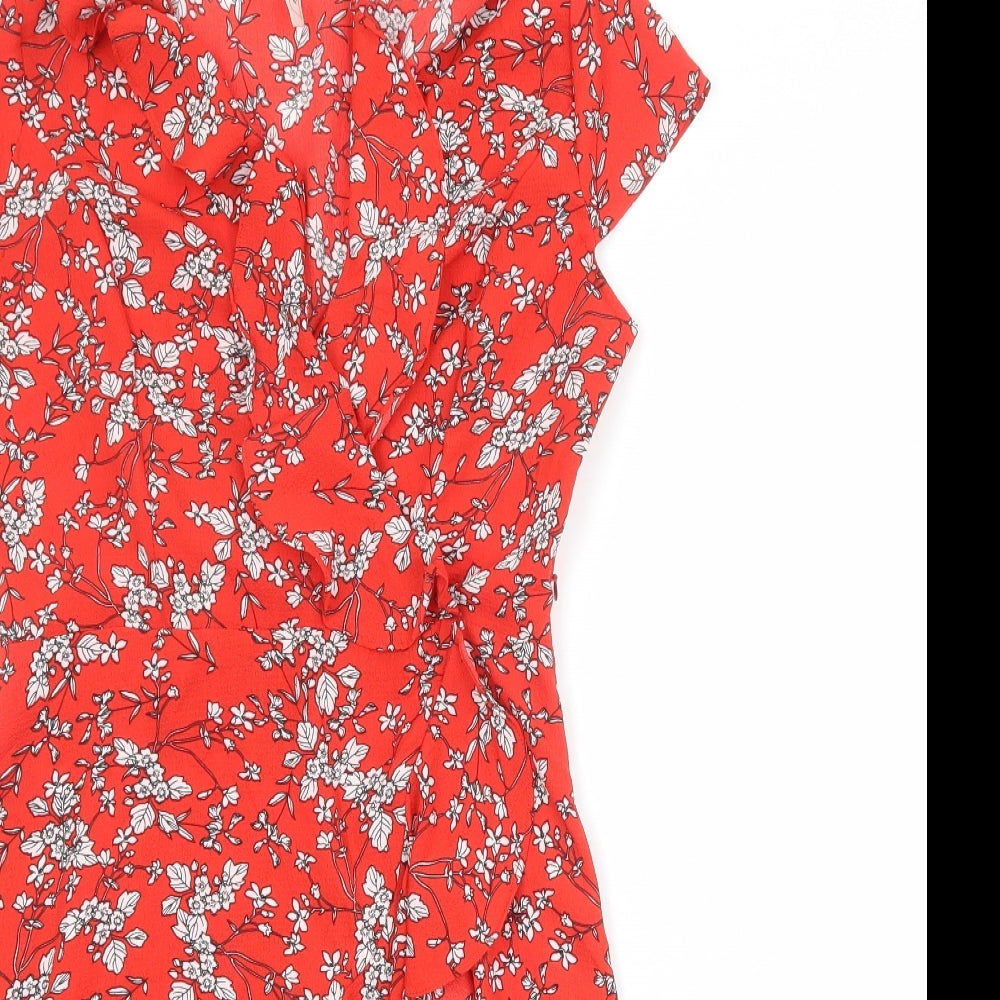 Stella Morgan Womens Red Floral Polyester A-Line Size 8 V-Neck Zip
