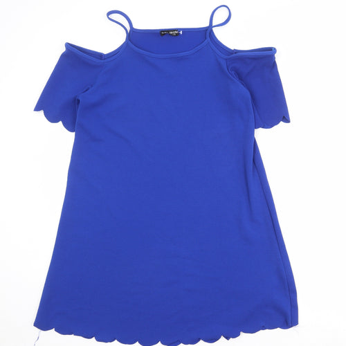 Select Womens Blue Polyester A-Line Size 14 Round Neck Pullover - Cold Shoulder