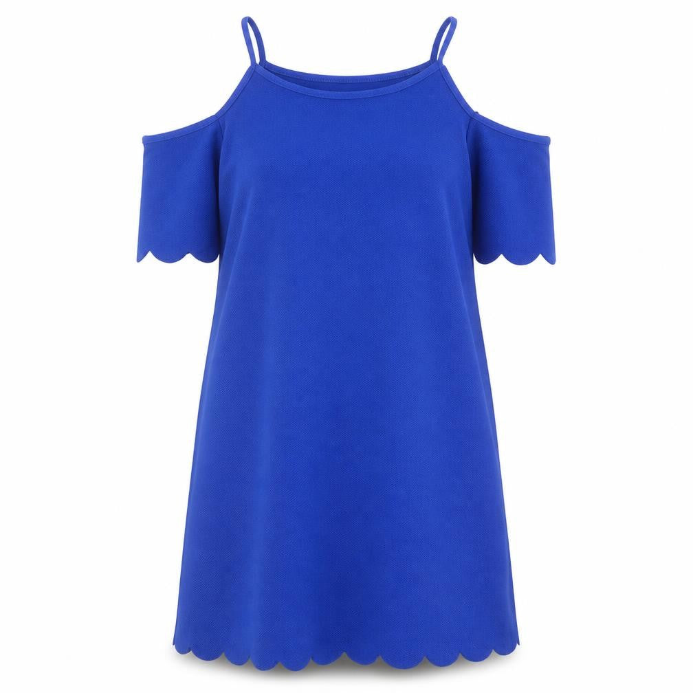 Front view of Select women’s blue polyester a-line, size UK 14, round neck pullover - cold shoulder
