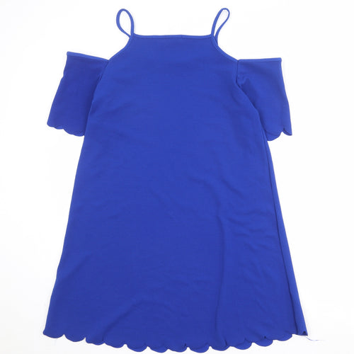 Select Womens Blue Polyester A-Line Size 14 Round Neck Pullover - Cold Shoulder