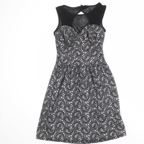Topshop Womens Black Geometric Cotton Skater Dress Size 6 Round Neck Zip