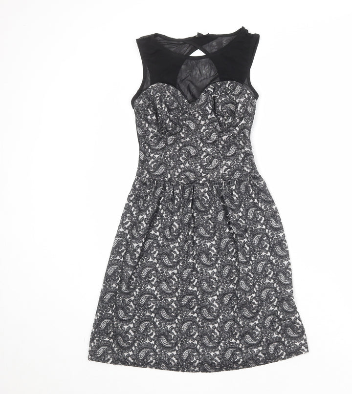 Topshop Womens Black Geometric Cotton Skater Dress Size 6 Round Neck Zip