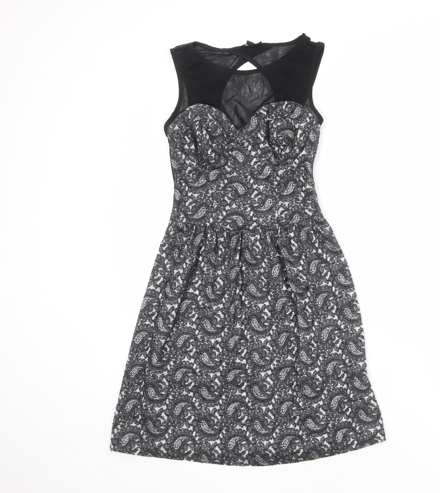 Topshop Womens Black Geometric Cotton Skater Dress Size 6 Round Neck Zip