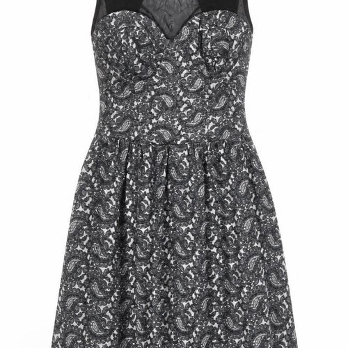 Topshop Womens Black Geometric Cotton Skater Dress Size 6 Round Neck Zip