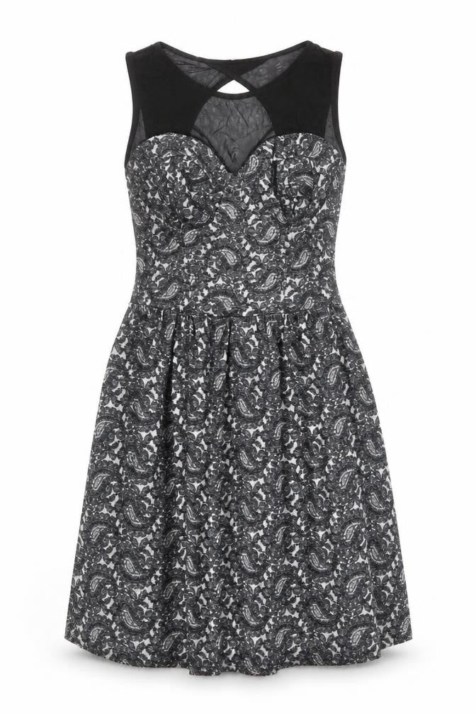 Topshop Womens Black Geometric Cotton Skater Dress Size 6 Round Neck Zip