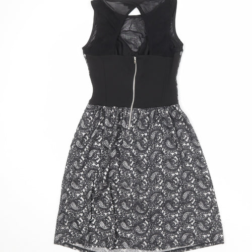Topshop Womens Black Geometric Cotton Skater Dress Size 6 Round Neck Zip