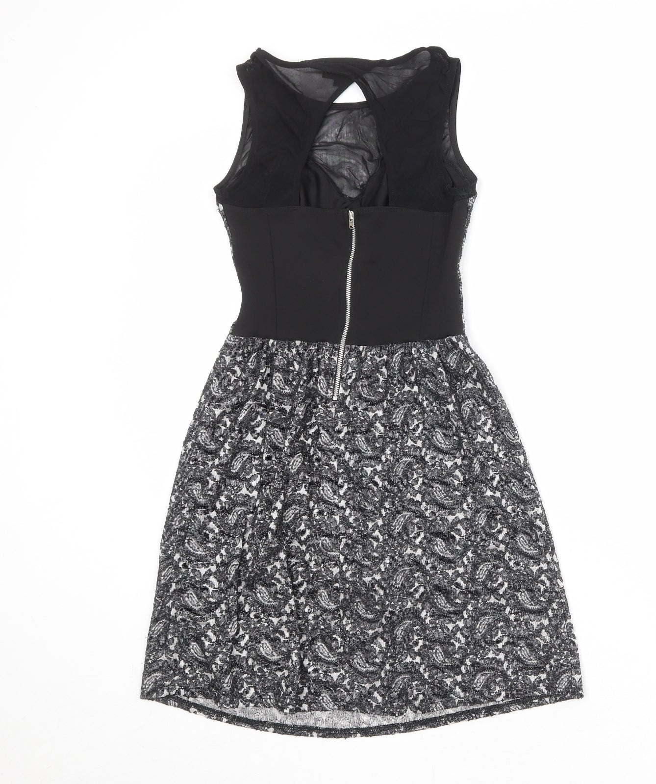 Topshop Womens Black Geometric Cotton Skater Dress Size 6 Round Neck Zip