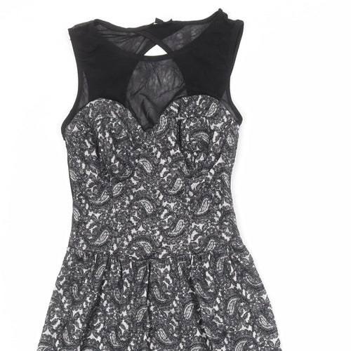 Topshop Womens Black Geometric Cotton Skater Dress Size 6 Round Neck Zip