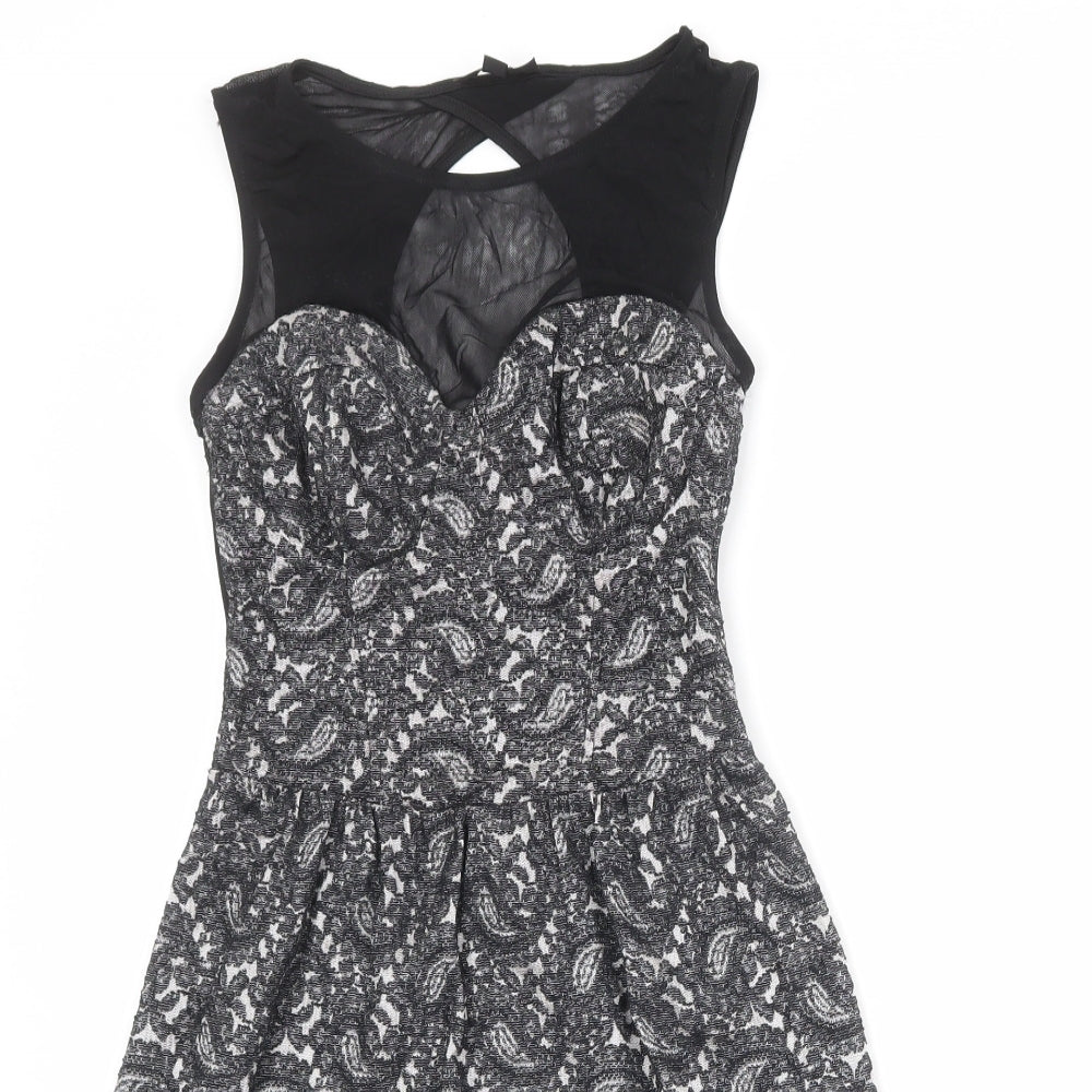 Topshop Womens Black Geometric Cotton Skater Dress Size 6 Round Neck Zip