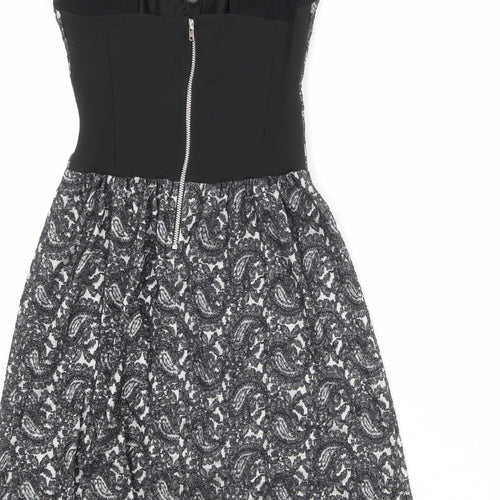 Topshop Womens Black Geometric Cotton Skater Dress Size 6 Round Neck Zip