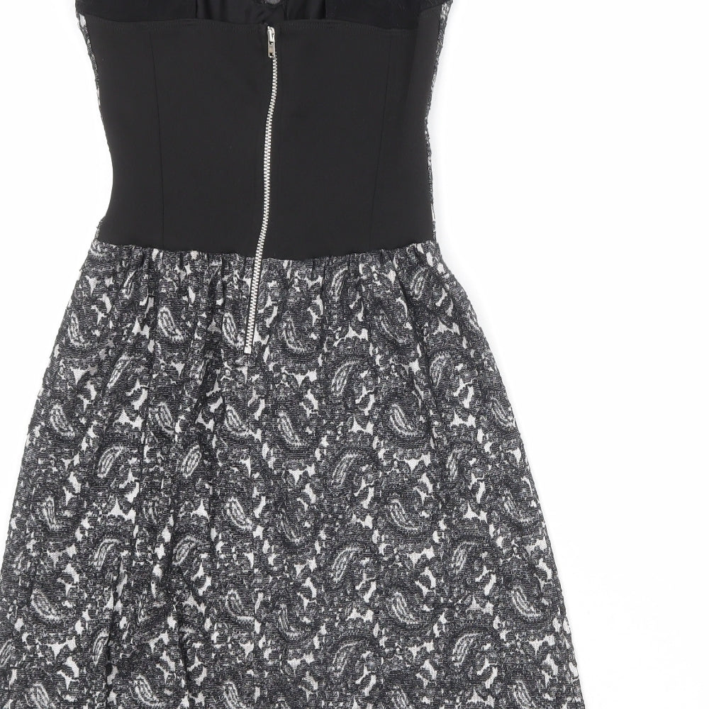 Topshop Womens Black Geometric Cotton Skater Dress Size 6 Round Neck Zip