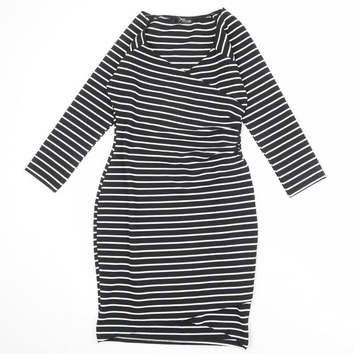 Jane Norman Womens Black Striped Polyester Shift Size 6 V-Neck Pullover