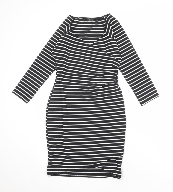 Jane Norman Womens Black Striped Polyester Shift Size 6 V-Neck Pullover