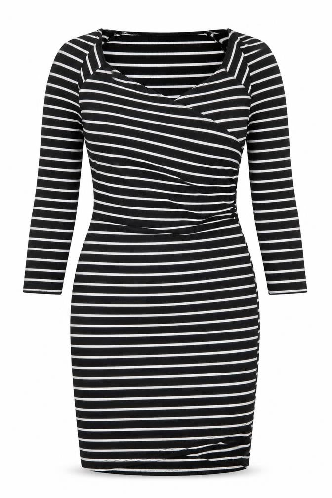 Front view of Jane Norman women’s black striped polyester shift, size UK 6, v-neck pullover