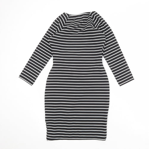 Jane Norman Womens Black Striped Polyester Shift Size 6 V-Neck Pullover