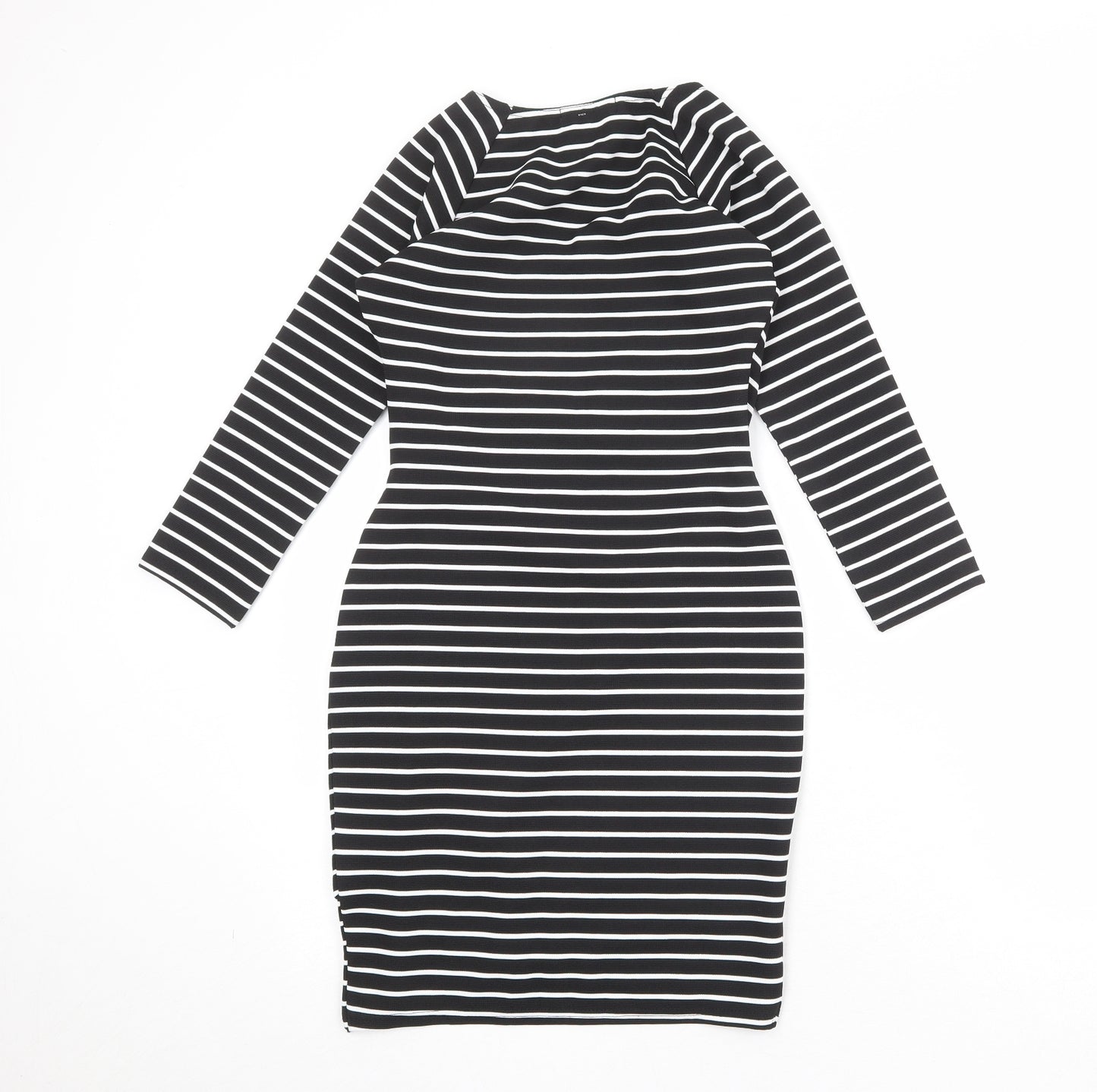 Jane Norman Womens Black Striped Polyester Shift Size 6 V-Neck Pullover