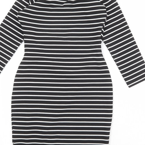 Jane Norman Womens Black Striped Polyester Shift Size 6 V-Neck Pullover