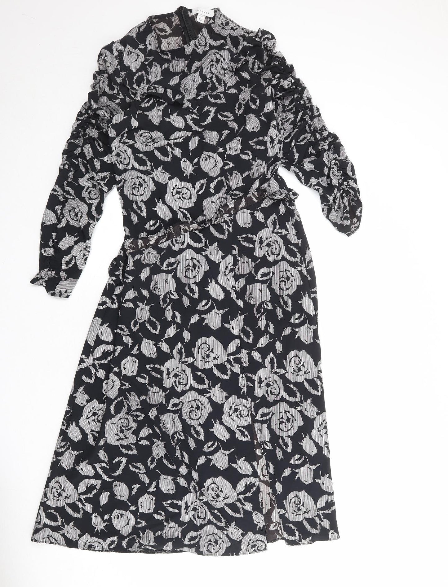Topshop Womens Black Floral Polyester A-Line Size 10 Round Neck Zip