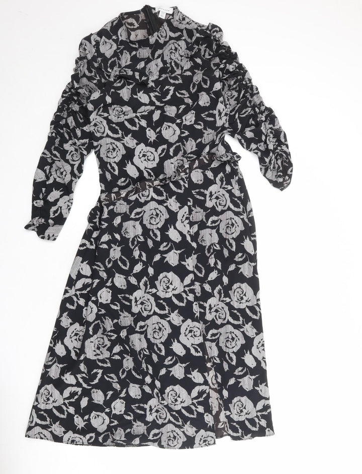 Topshop Womens Black Floral Polyester A-Line Size 10 Round Neck Zip