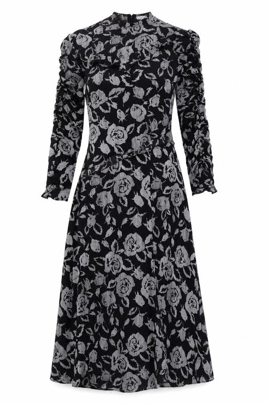 Front view of Topshop women’s black floral polyester a-line, size UK 10, round neck zip