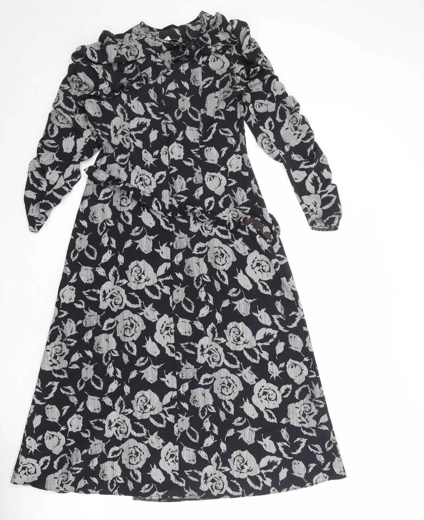 Topshop Womens Black Floral Polyester A-Line Size 10 Round Neck Zip
