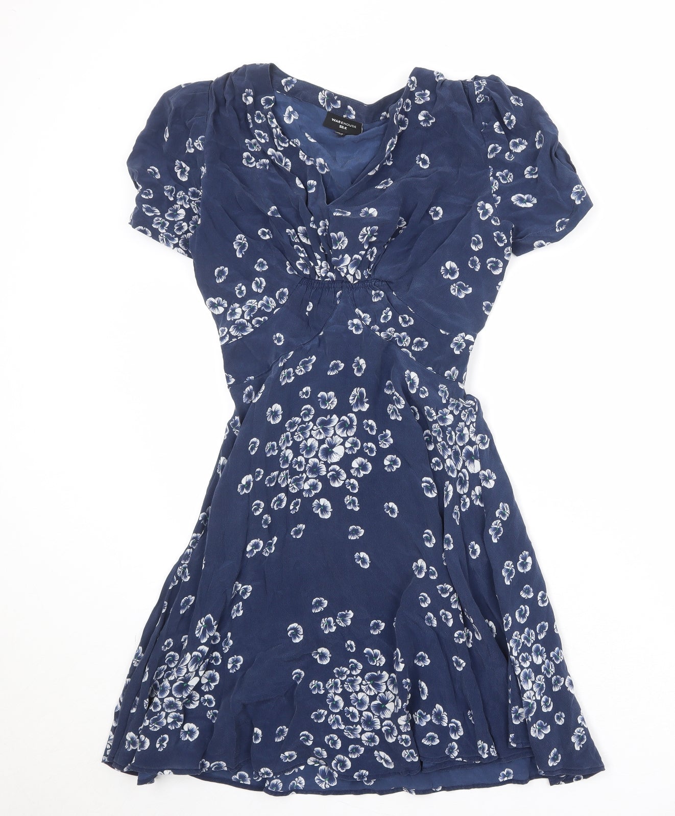 Warehouse Womens Blue Floral Silk A-Line Size 8 V-Neck Pullover