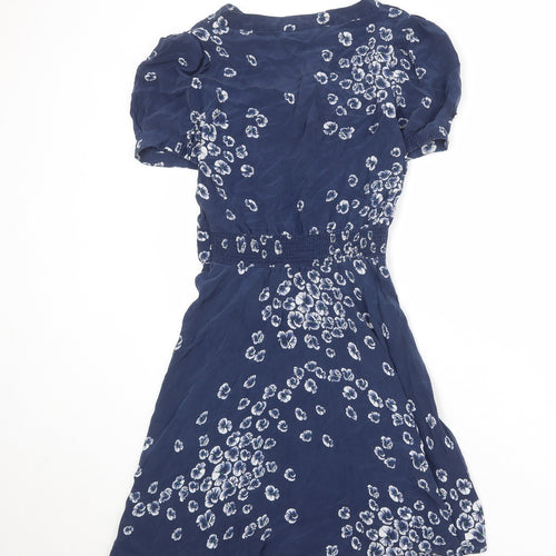 Warehouse Womens Blue Floral Silk A-Line Size 8 V-Neck Pullover