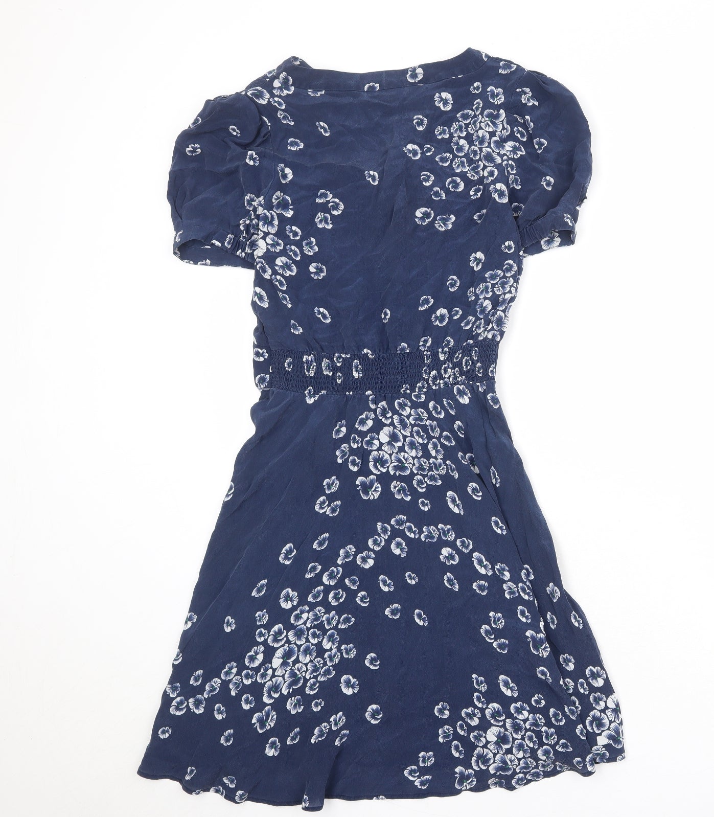 Warehouse Womens Blue Floral Silk A-Line Size 8 V-Neck Pullover