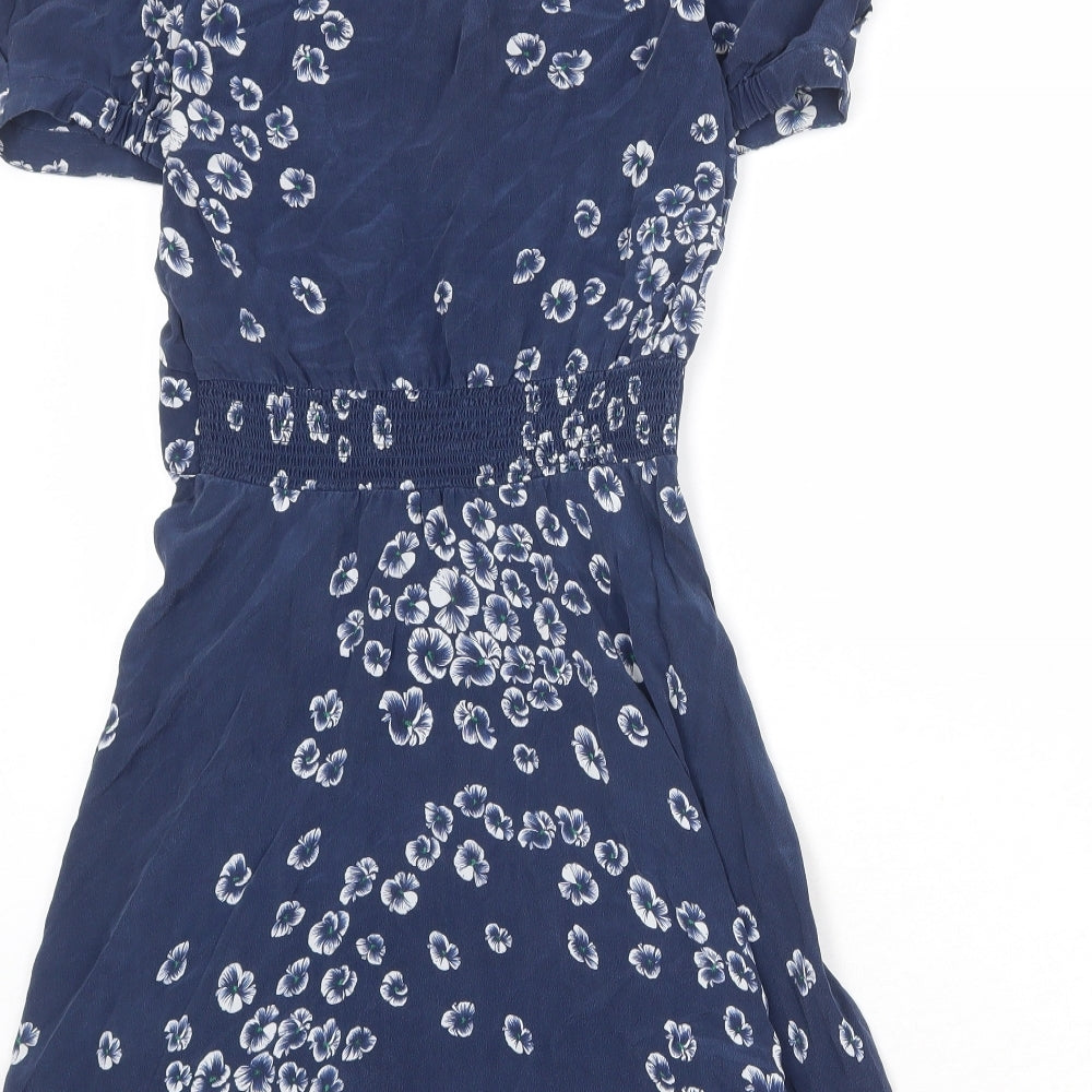 Warehouse Womens Blue Floral Silk A-Line Size 8 V-Neck Pullover