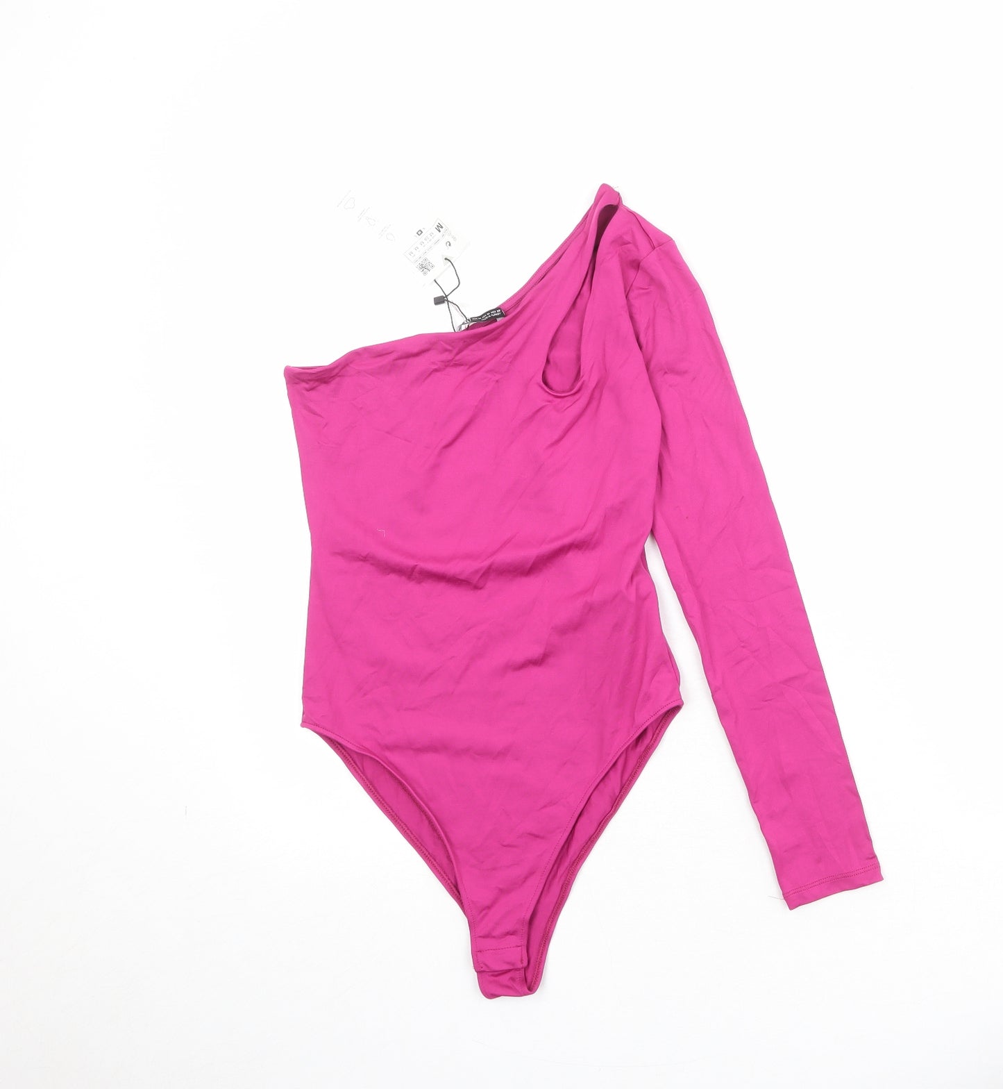 Zara Womens Pink Polyamide Bodysuit One-Piece Size M Snap - Cold Shoulder, Asymmetric Neckline
