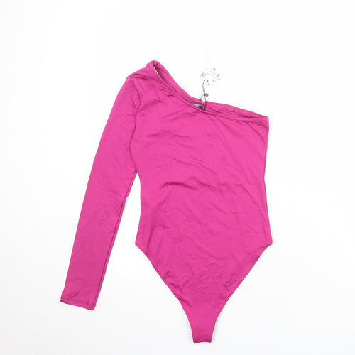 Zara Womens Pink Polyamide Bodysuit One-Piece Size M Snap - Cold Shoulder, Asymmetric Neckline