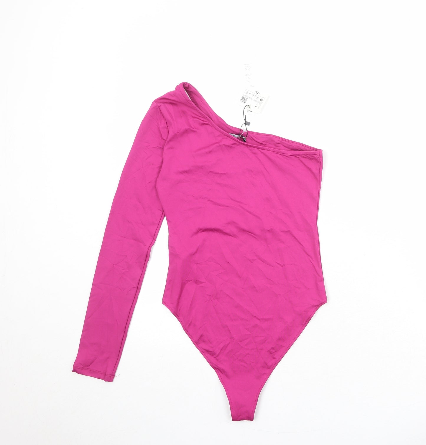 Zara Womens Pink Polyamide Bodysuit One-Piece Size M Snap - Cold Shoulder, Asymmetric Neckline