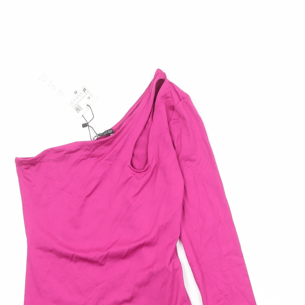 Zara Womens Pink Polyamide Bodysuit One-Piece Size M Snap - Cold Shoulder, Asymmetric Neckline