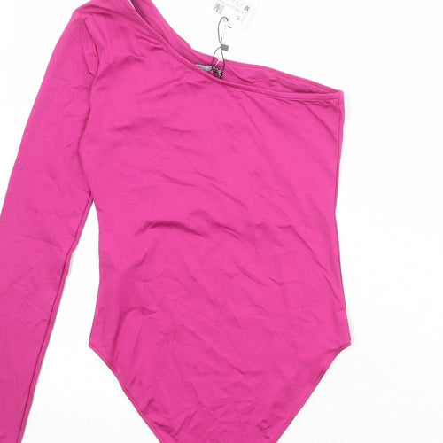 Zara Womens Pink Polyamide Bodysuit One-Piece Size M Snap - Cold Shoulder, Asymmetric Neckline