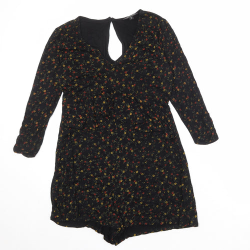 Miss Selfridge Womens Black Geometric Viscose Playsuit One-Piece Size 12 Button