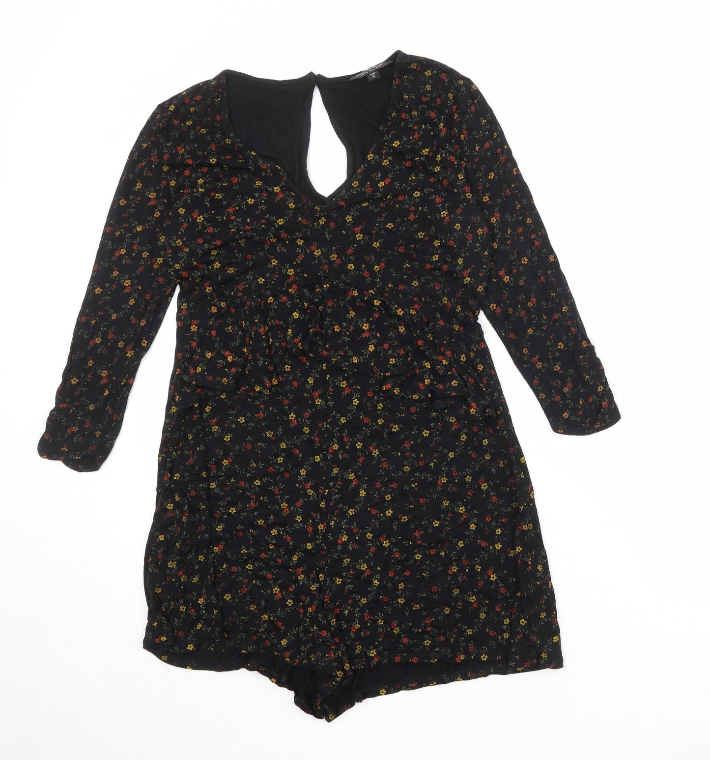 Miss Selfridge Womens Black Geometric Viscose Playsuit One-Piece Size 12 Button