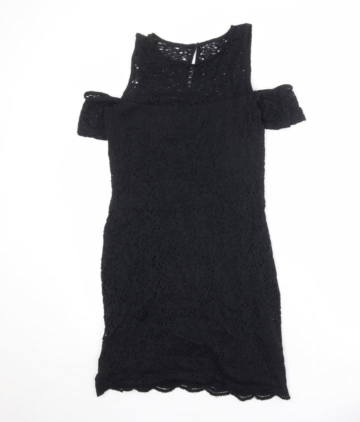Hollister Womens Black Nylon Mini Size L Round Neck Button - Broderie Anglaise, Cold Shoulder
